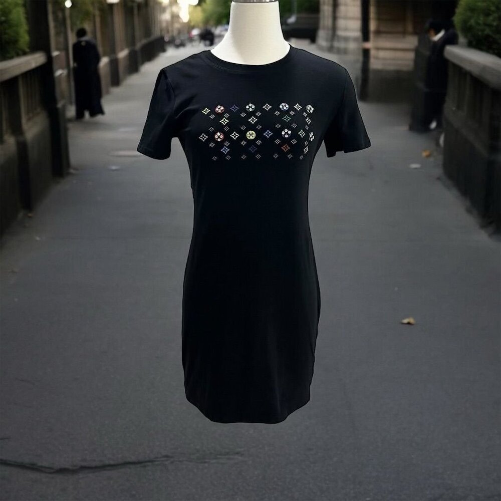 Estella Black Jersey Cotton SZ S  Geometric Embellished‎ T-Shirt Dress  Bodycon